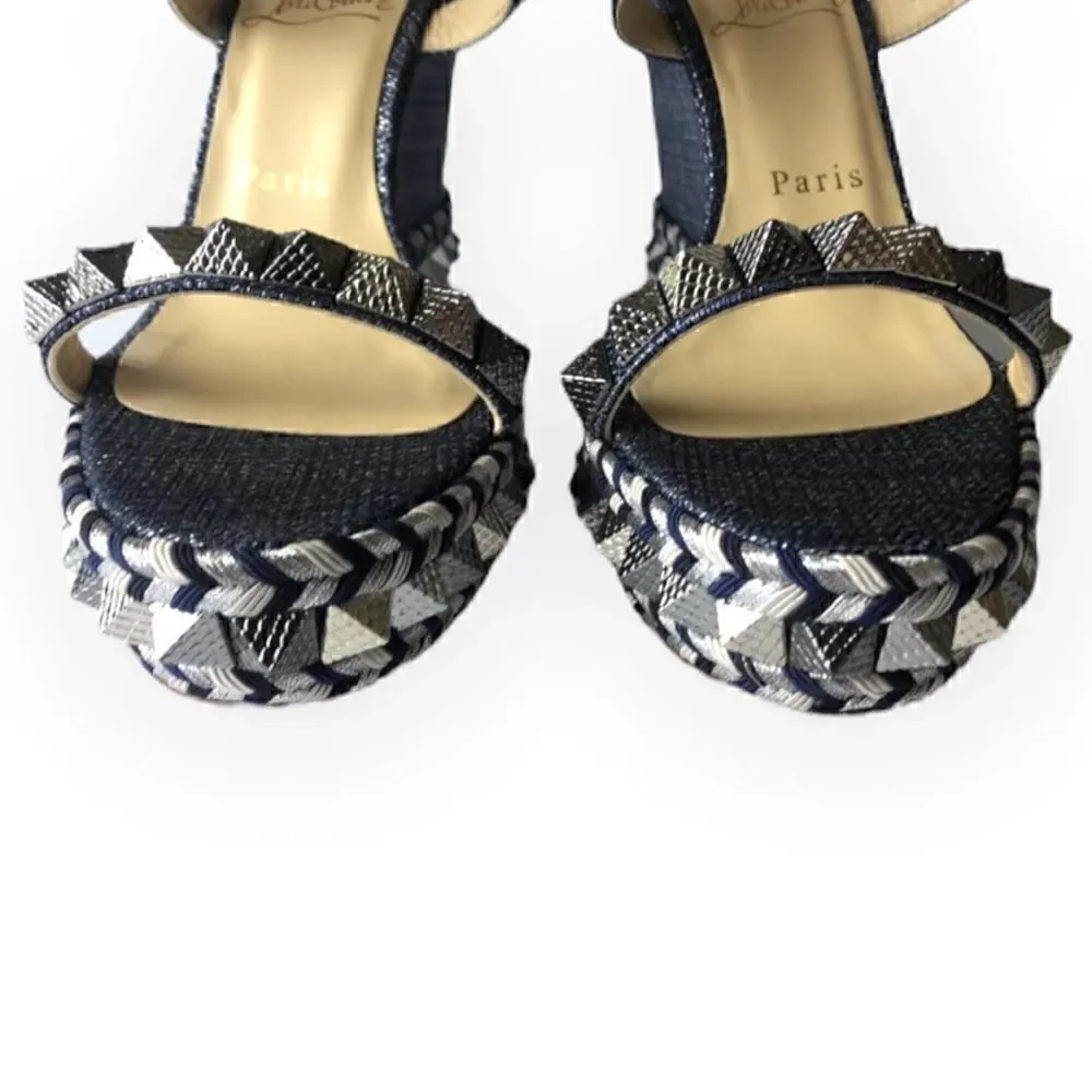 CHRISTIAN LOUBOUTIN Denim Lame Lux Pyraclou 110 Wedge Sandals |Size: 39|